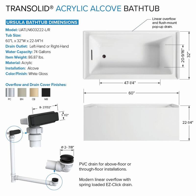 Transolid UATLN603222-R Unity AFR 60" x 32" Three Wall Alcove Acrylic
