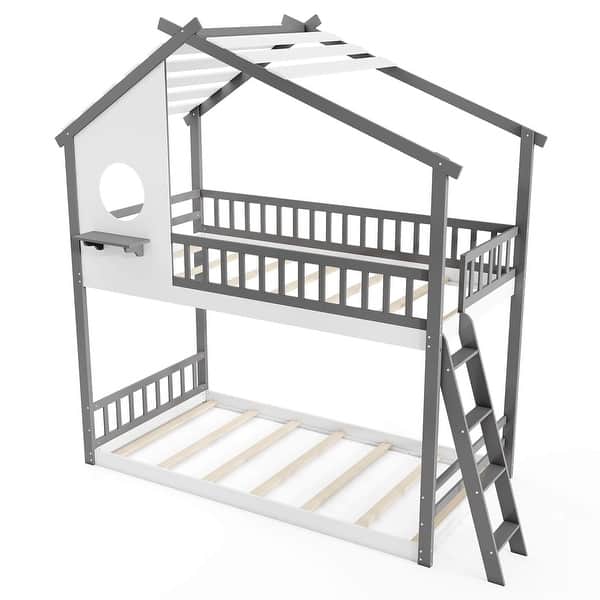 slide 2 of 6, Wood Twin Over Twin House Bunk Bed Floor Bunk Bed w/ Ladder White & Grey