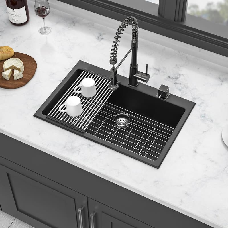Drop-in Single Bowl Black Bowl Quartz Kitchen Sink Basin