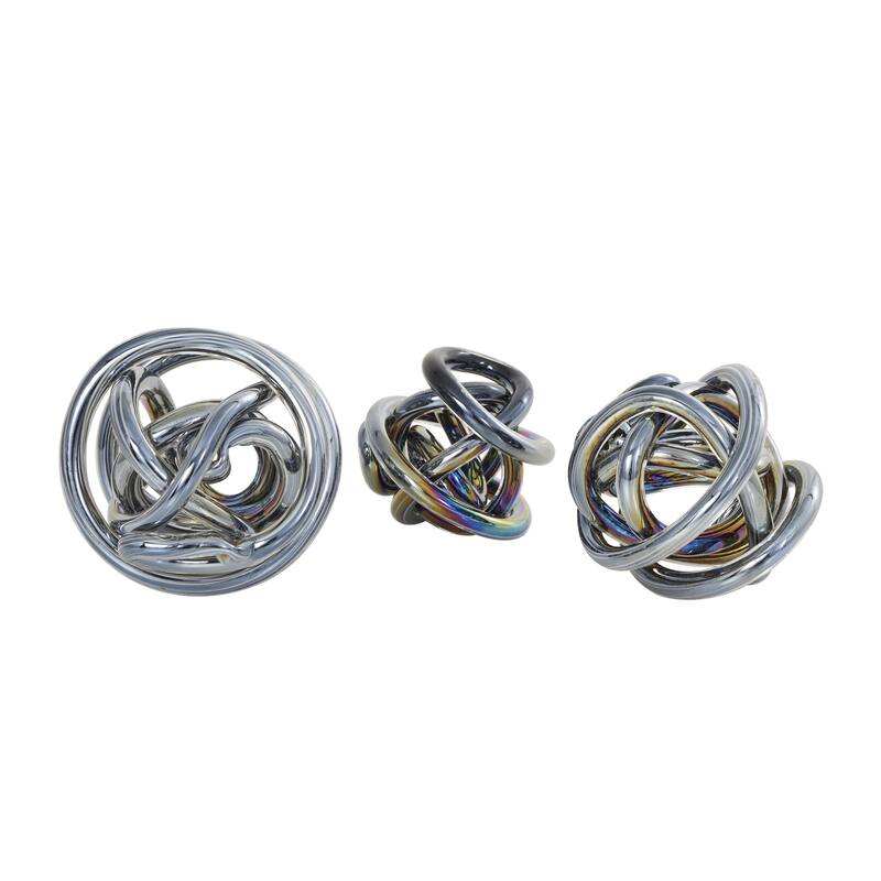 Glass Abstract Handmade Iridescent Knotted Ball Sculpture - Set of 3 Dark Gray, Black or Clear - Roche River Decor
