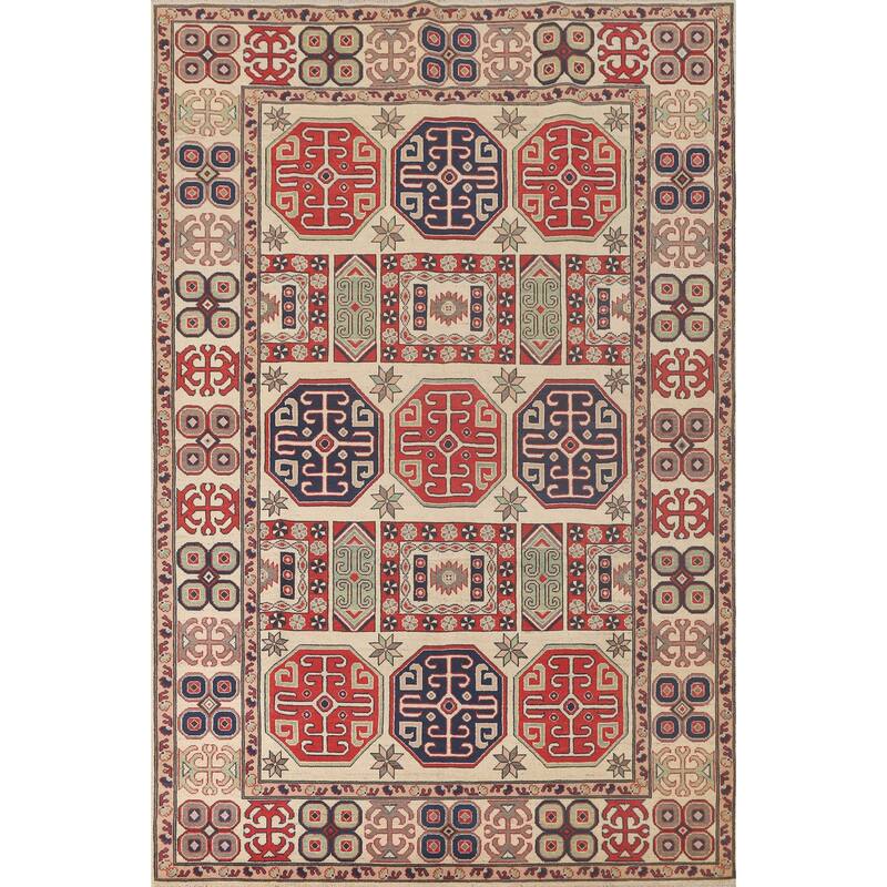 All-Over Geometric Kazak Area Rug Handmade Wool Carpet - 6'9" x 9'6"