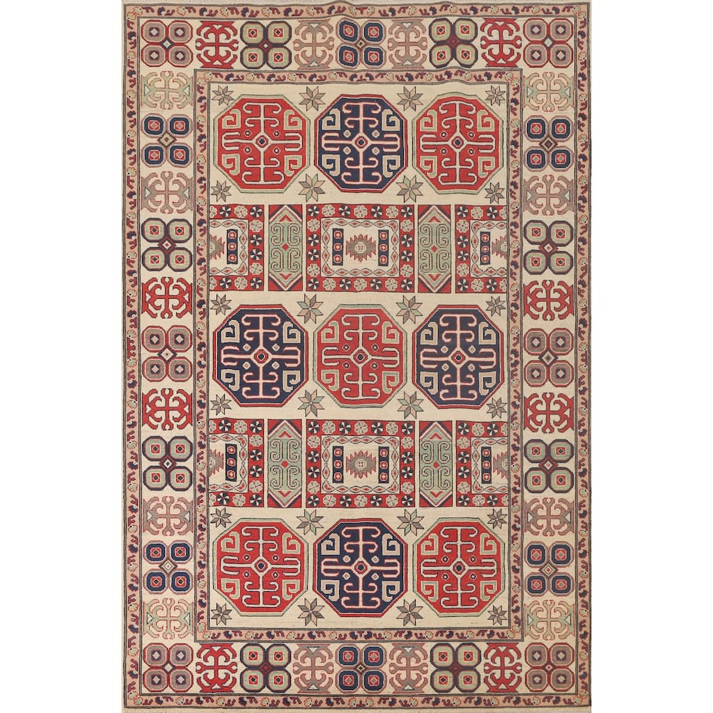 All-Over Geometric Kazak Area Rug Handmade Wool Carpet - 6'9" x 9'6"