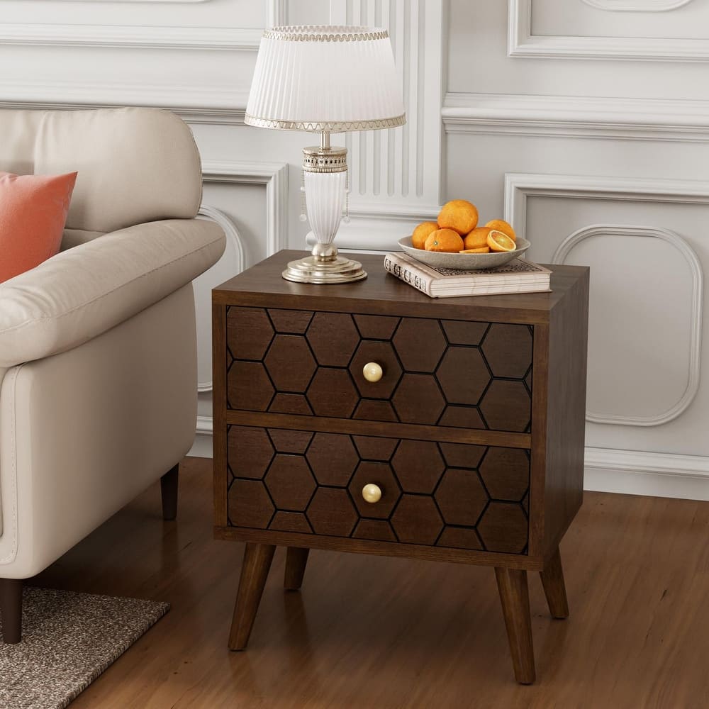 COSIEST Mid-Century Honeycomb 4 Legs End Table with Drawers