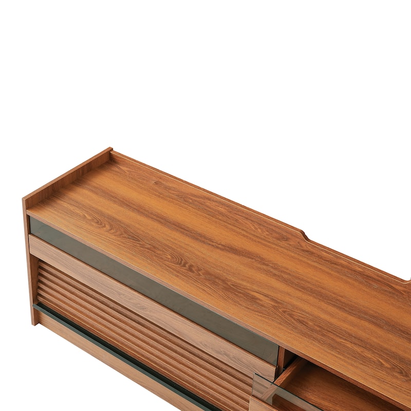 Roomfitters Modern TV Stand with 4 Drawers, Tempered Glass, Charging Ports and Ambient Lighting, Ample Storage