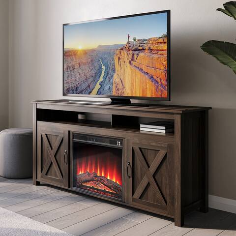 BELLEZE 58" Wood TV Stand W/ 23" Fireplace & Storage