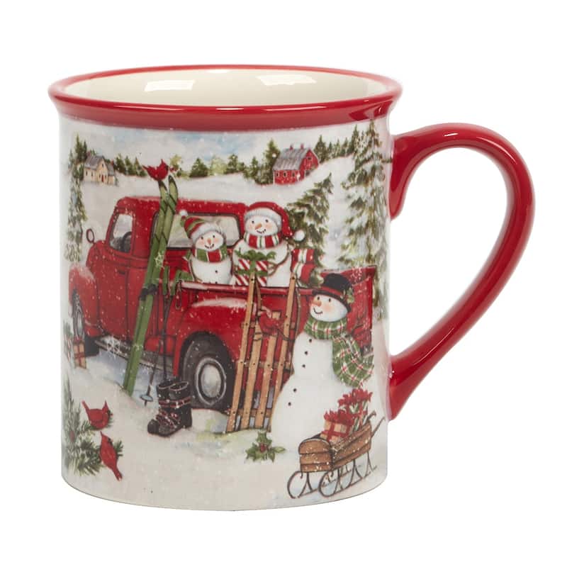 Certified International Red Truck Snowman 16 oz. Mugs, Set of 4