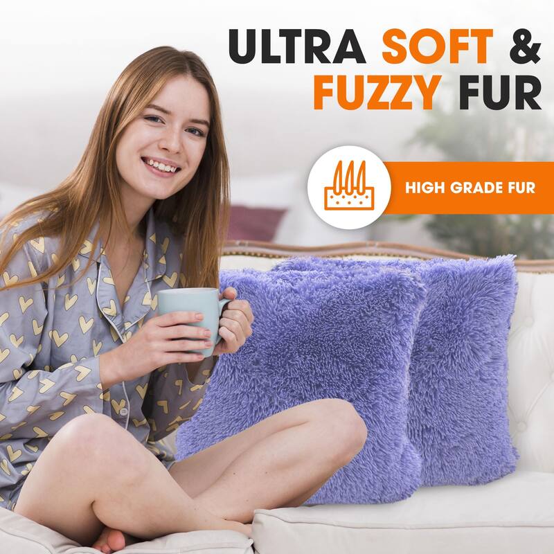 Cheer Collection Super Soft Shaggy Long Hair Throw Pillows Set of 2 Plush Accent Cushions