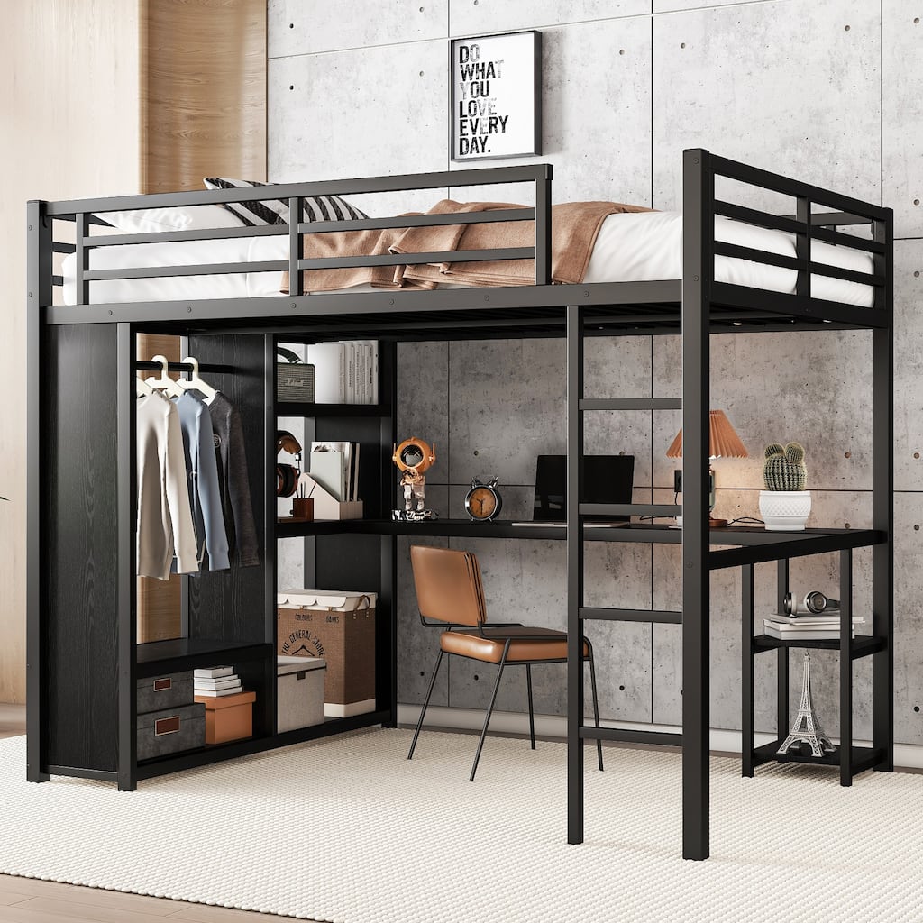 Queen Size Loft Bed with Built-in Wardrobe, Desk and Storage Shelves, a Space-saving and Functional Choice for Your Bedroom