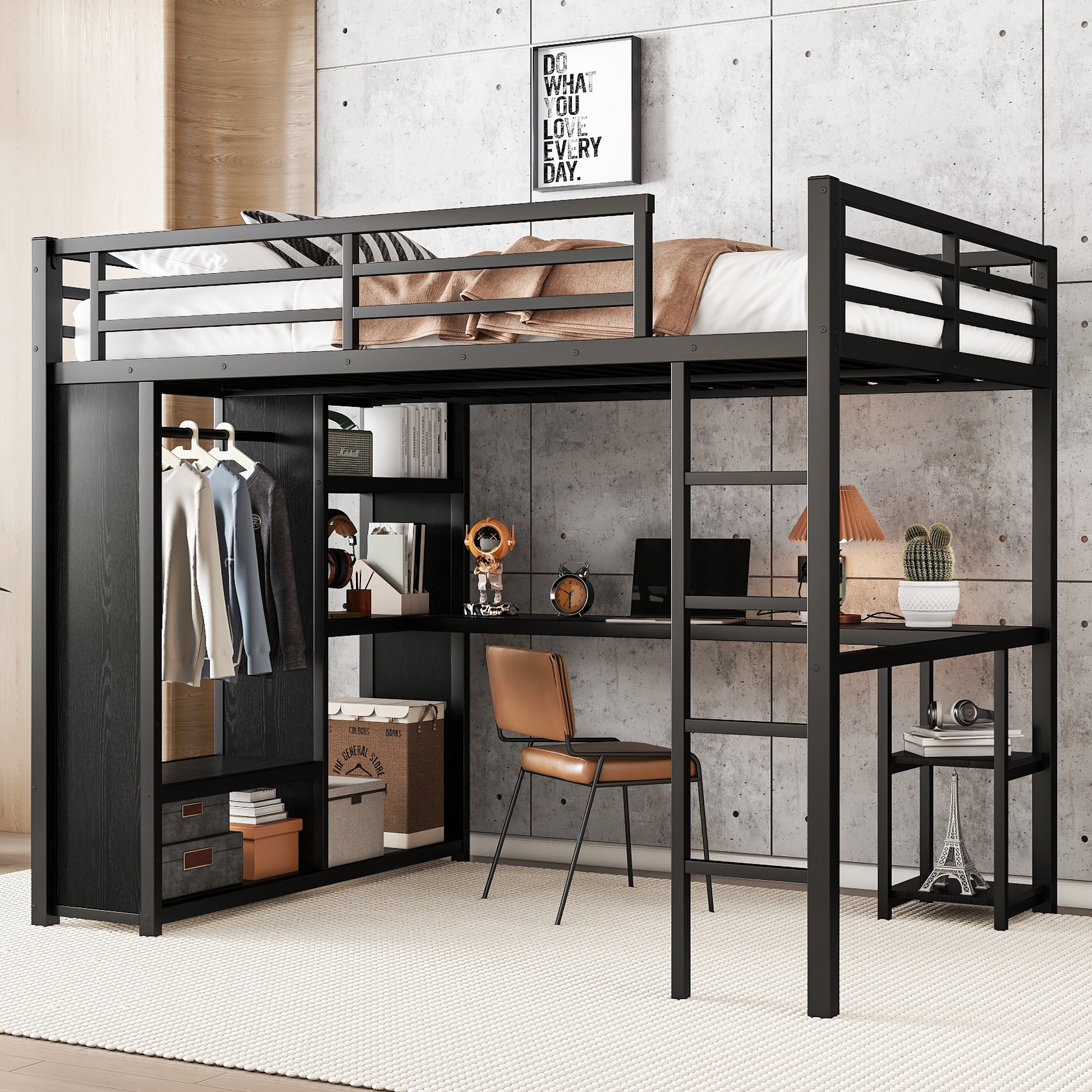 Roomfitters Queen Size Metal Loft Bed with Built-in Wardrobe, Desk, and Storage Shelves, Space-Saving Design, Black