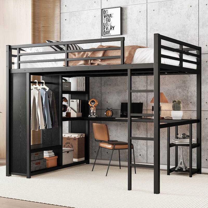 Roomfitters Queen Size Metal Loft Bed with Built-in Wardrobe, Desk, and Storage Shelves, Space-Saving Design, Black - Black - Queen