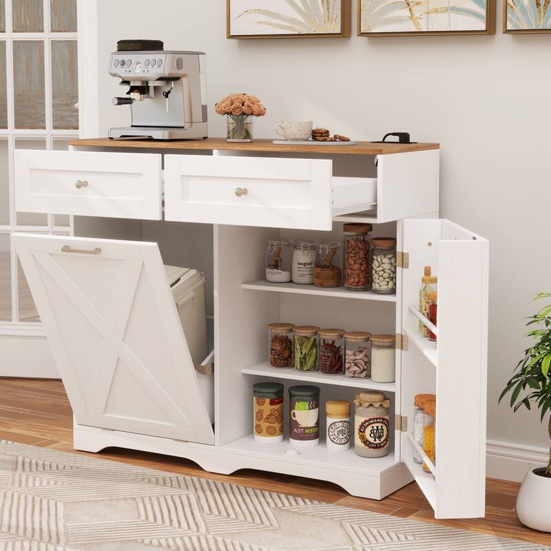 Gymax Tilt Out Trash Can Cabinet w/ Outlets 2 Drawers Adjustable Shelf