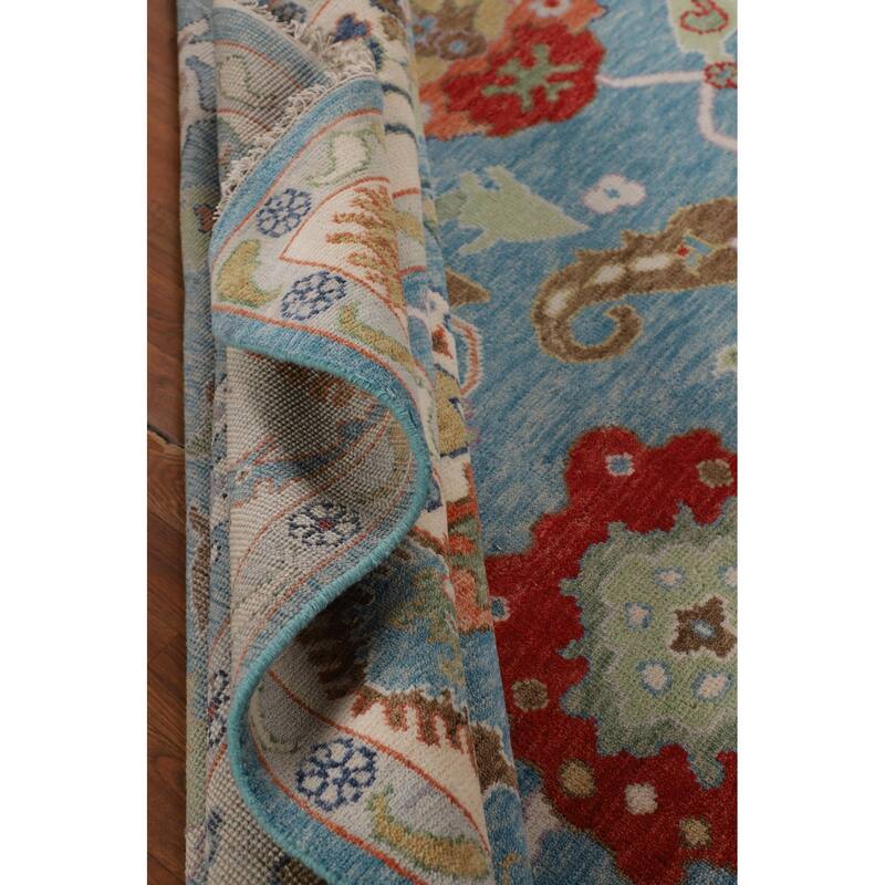 Light Blue & Ivory Floral Oushak Indian Rug Hand-Knotted Wool Carpet - 8'8"x 11'9"