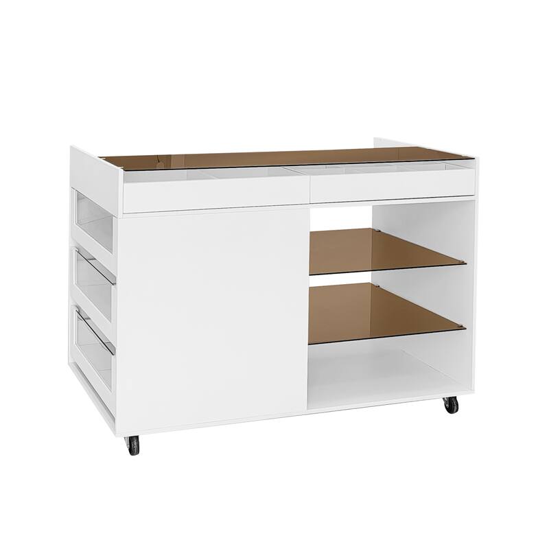 Roomfitters Multi-Functional Storage Island Vanity Console with Glass Display Shelves and Reversible Top, White