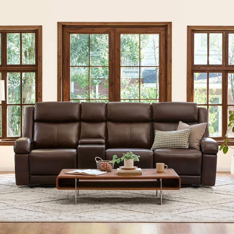 Spruce & Spring Hadlee Genuine leather Reclining Sofa with Multi-Function Console. - 3PC+Console - Brown