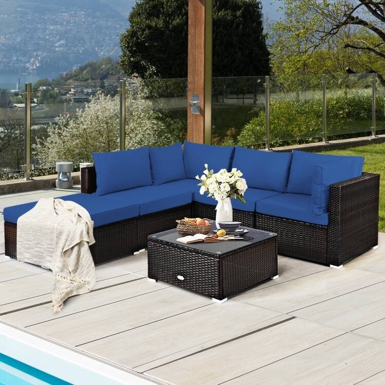 6 Pieces Outdoor Patio Rattan Furniture Set Sofa Ottoman with Coffee Table - 30'' x 30'' x 26''(L x W x H)