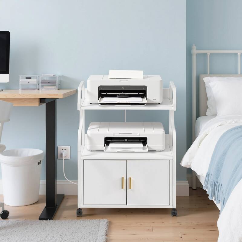 Javlergo 2-in-1 White Rolling Utility Cart with Outlets & USB Ports 3-Tier Open Shelf or 2-Tier with Door Cabinet Office Cart