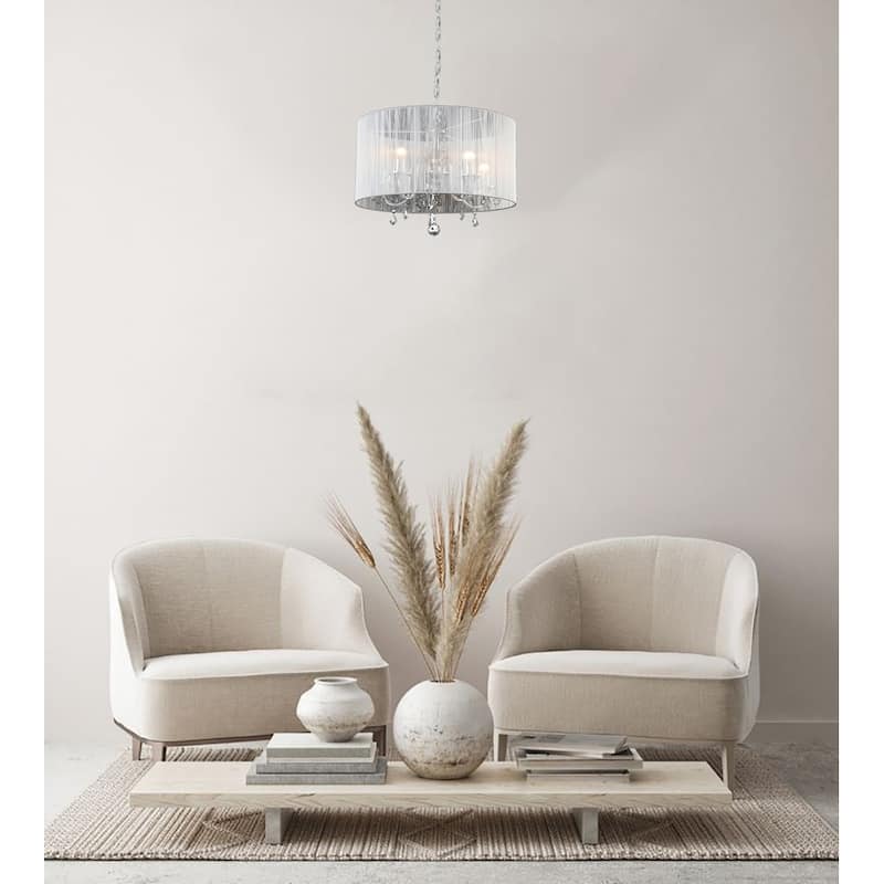 5 Light Chrome Metal Chandelier with White String Shade & Crystal Accents - D22'' H17''