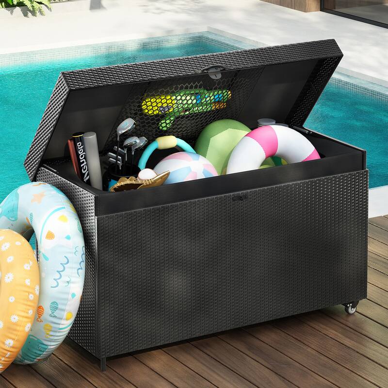 Black Heavy Duty Wicker Deck Box with 4 Wheels, Lockable Lid and Bench for Patio Poolside and Garden​ - Black