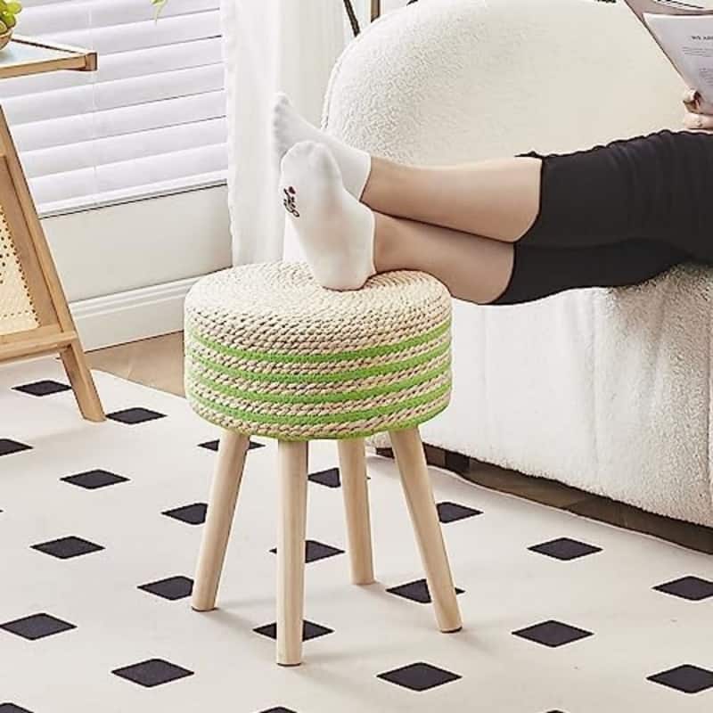 Footstool Ottoman Round with Solid Wood Legs