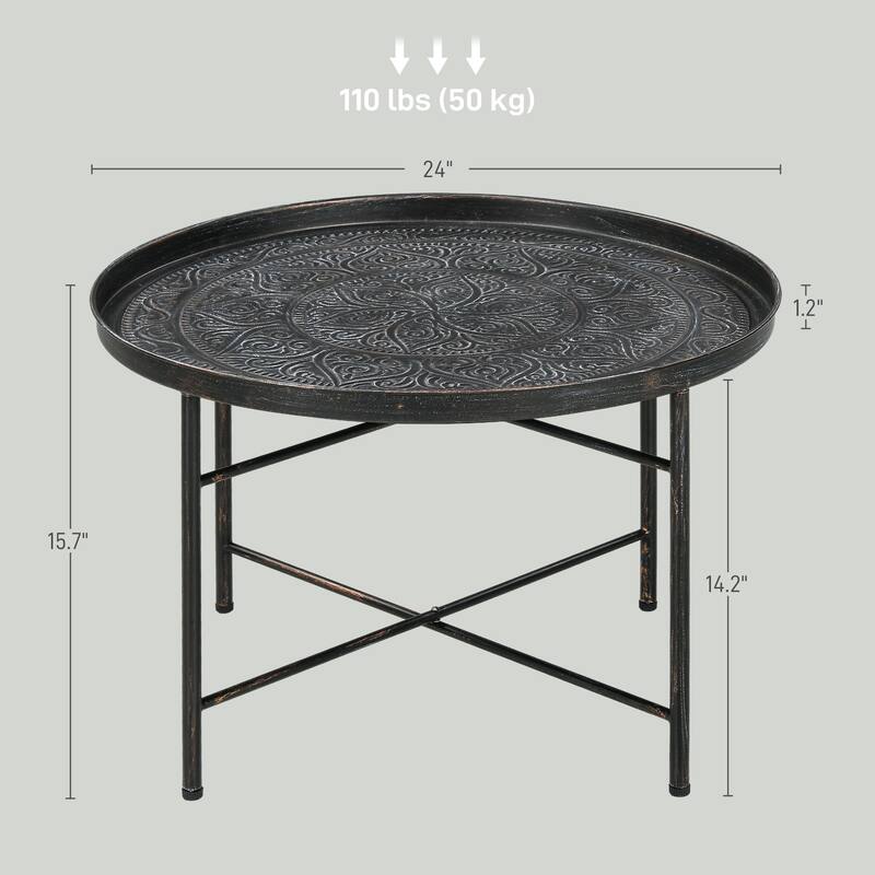 HOMCOM 24" Round Coffee Table with Hammered Tray Top, Vintage Metal Center Table for Living Room, Bedroom, Side Table