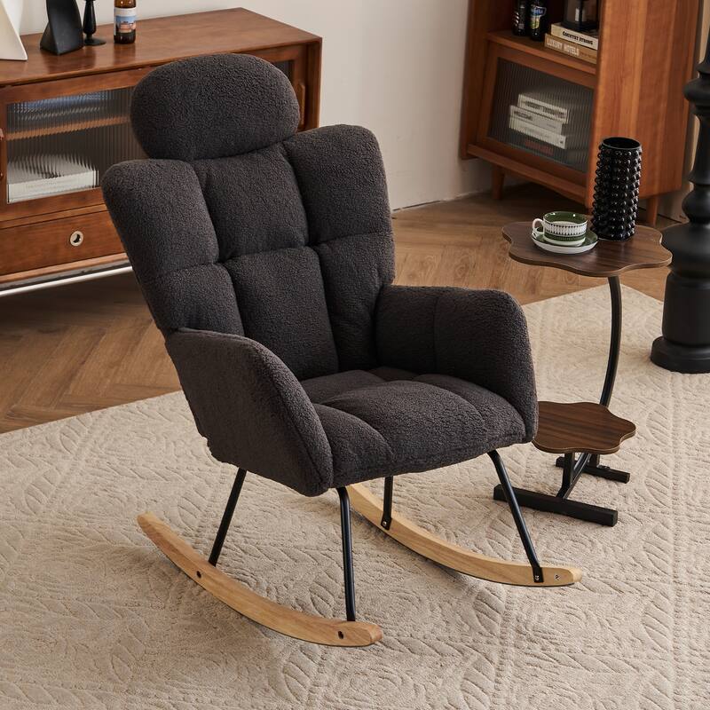 Comfortable Teddy Fabric Upholstered Rocking Chair with High Backrest and Pillows for Indoor Use