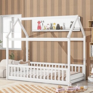 Twin Size Solid Wood House Bed with Guardrails for Toddlers