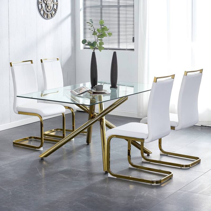 Modern PU Faux Leather High Back Dining Chairs with C-shaped Tube Chrome Metal Legs