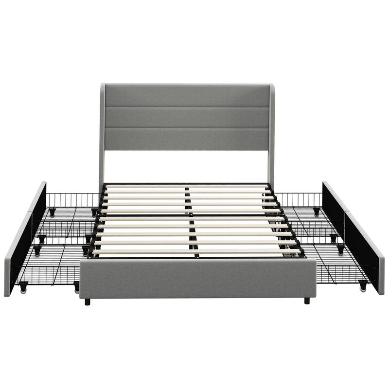 Full Size Storage Bed with 4 Drawer Design, 730lb Capacity, Linen Fabric Headboard - Light Gray