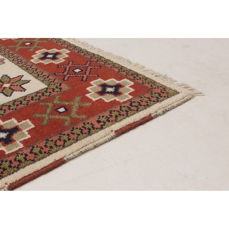 ECARPETGALLERY Hand-knotted Royal Kazak Cream, Dark Red Wool Rug - 5'6 x 7'10