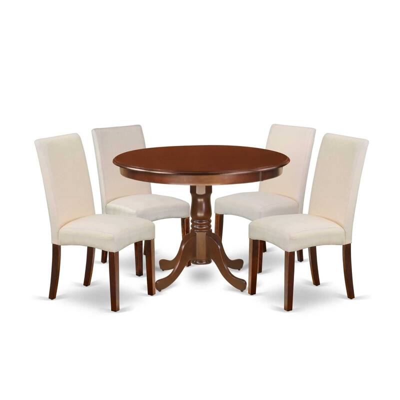 Round Dinette Set 5Pc - 42 Inch Table & 4 Parsons Chairs - Cream Linen Fabric - Mahogany Legs - Home Dining Room