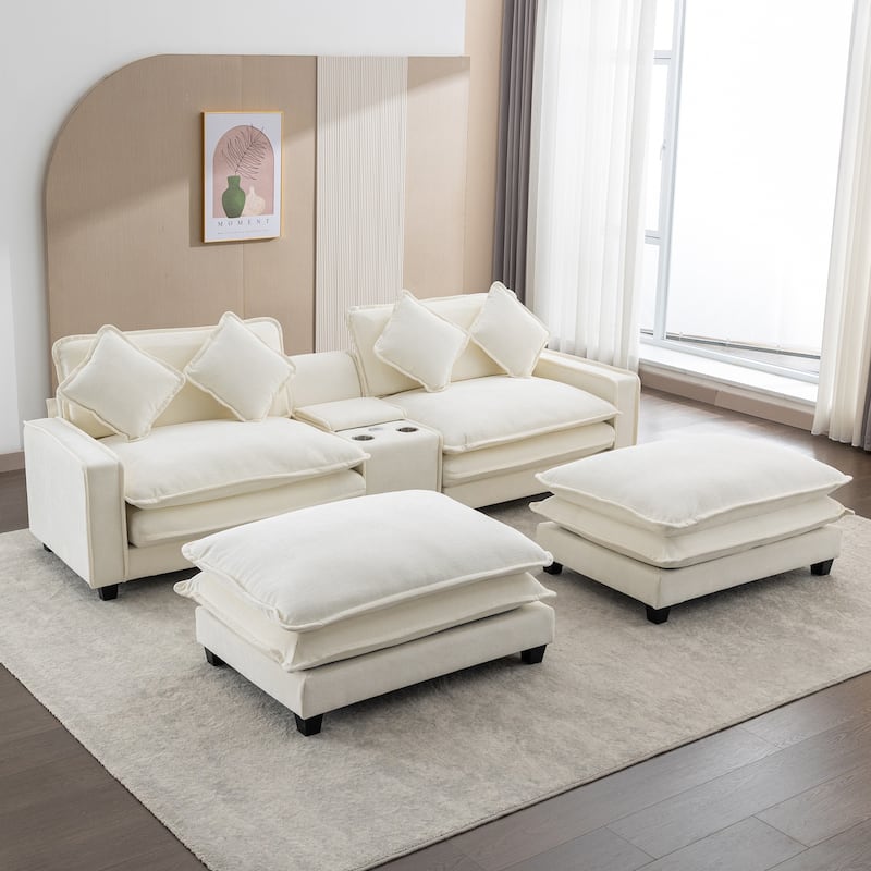 111" Beige Chenille Sectional Sofa with 2 Ottomans, 2 USB Ports, 2 Cup Holders & Storage