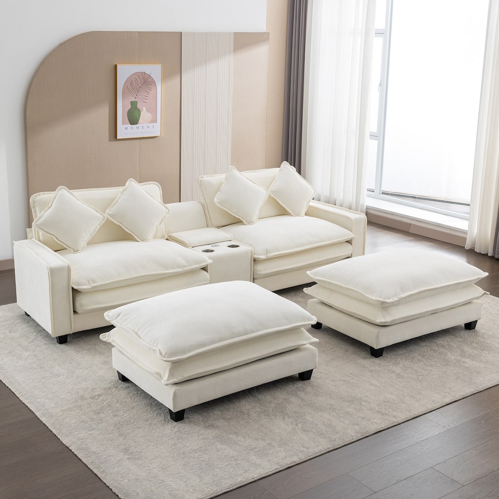 111" Chenille Sectional Sofa Set with USB Ports & Cup Holders, Oversized Chaise Lounge Modular Loveseat with 2 Ottomans