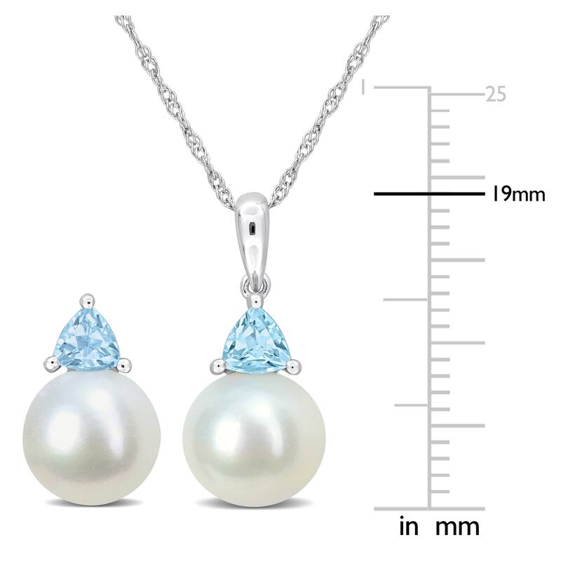 Miadora 8-8.5mm Cultured Freshwater Pearl 4/5ct TGW Sky Blue Topaz Jewelry Set 10k White Gold