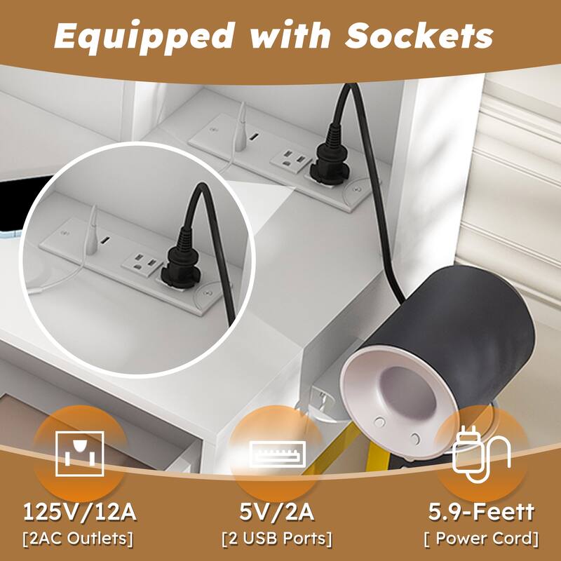 Makeup Vanity Dressing Table with Round LED Makeup Mirror & Metal Chair