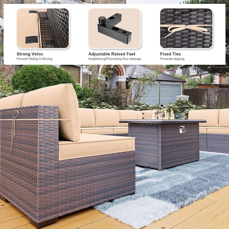 Kullavik 15PCS Outdoor Patio Furniture Set with Fire Pit Table & Glass Top Coffee Table