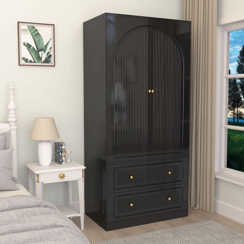 Gymojoy 71" Wardrobe Closet with 2 Doors & 2 Drawers, Modern White Wooden Armoire with Hanging Rod & Gold Handles