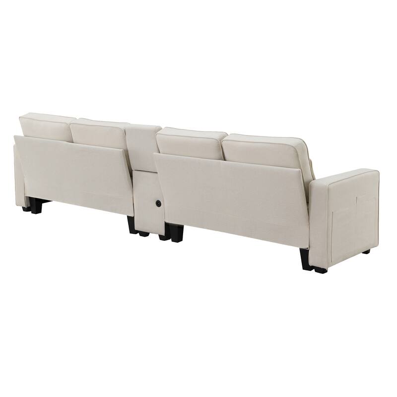 Upholstered 4-Seater Sofa 114" with USB Ports, Cup Holders, Storage for Living Room