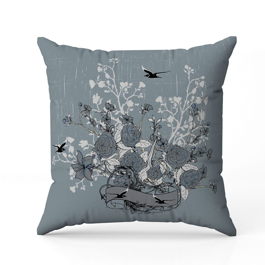 Elegant Floral Bouquet Indoor/Outdoor Reversible Throw Pillow Mint and Gray