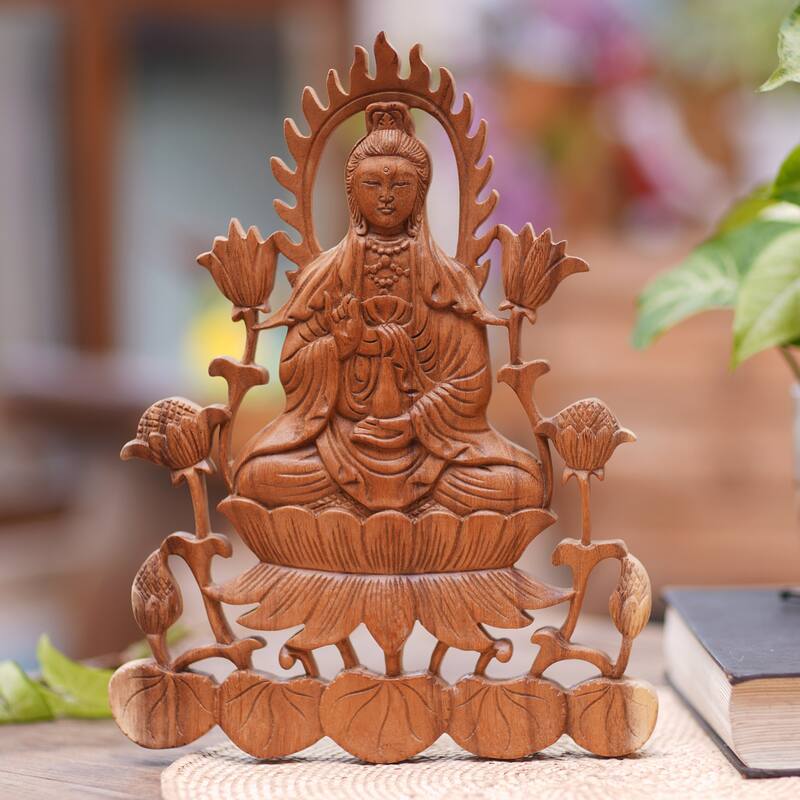 Novica Handmade Kwan Im On Lotus Wood Relief Panel