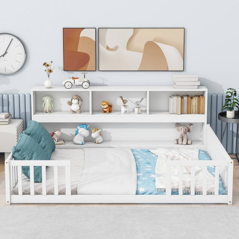Full Size Floor Bed with Side Bookshelf,Guardrails, for kids - White