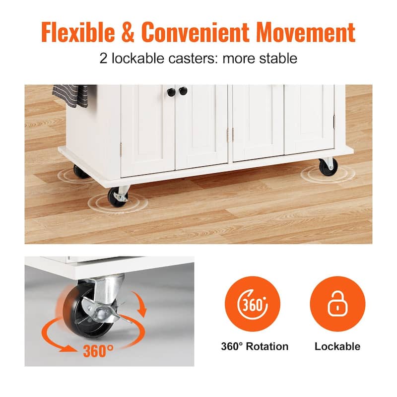 White Wooden Portable Kitchen Island on Lockable Wheels with Storage Cabinet and 2 Drawers - 35.43 x 17.72 x 1.06 inch