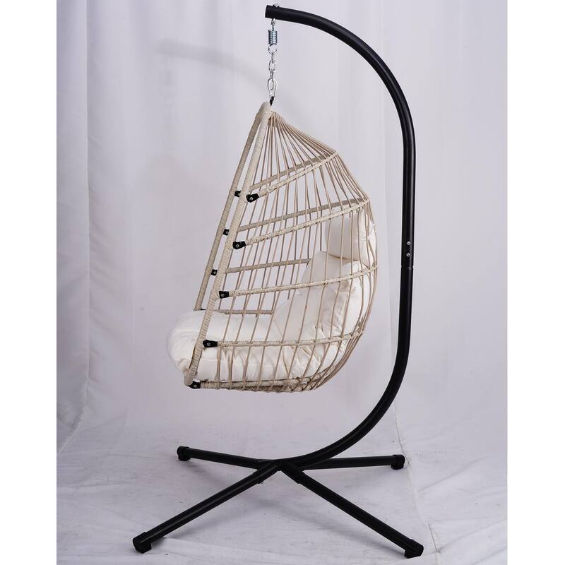 Outdoor Egg Hanging Chair, Swing Chair with Stand & Aluminum-Steel Frame, Patio Rattan Wicker Hanging Swing Egg Chair