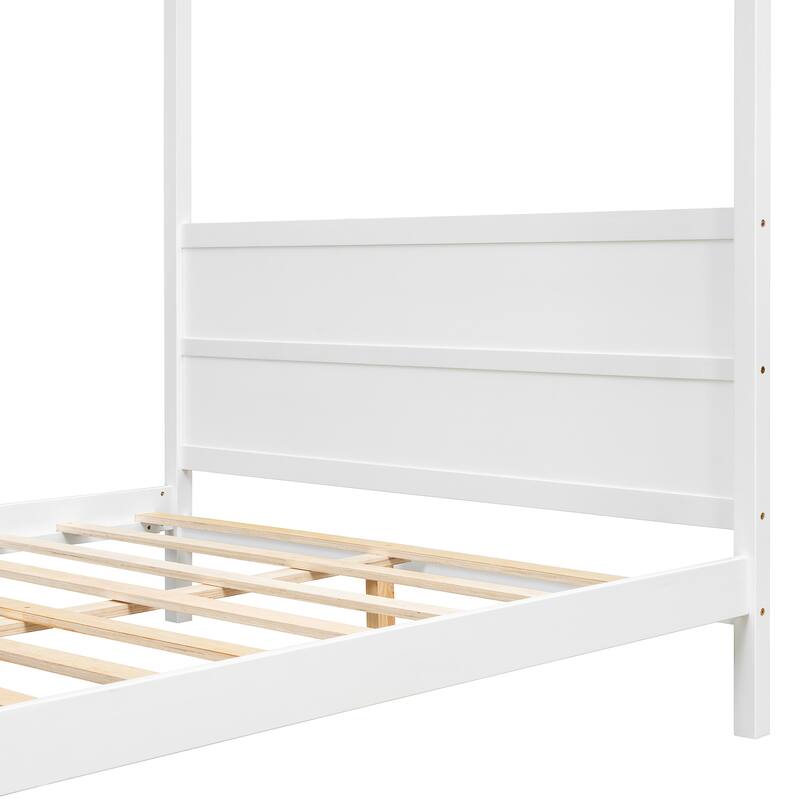 Queen Size White Canopy Platform Bed with Headboard, Footboard and Slat Support