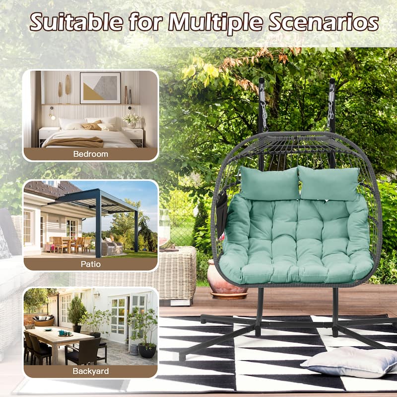 EROMMY Hanging Egg Chair with Stand, Foldable Indoor/Outdoor Swing Chair includes Cushion and Pillow, Patio Wicker Swing