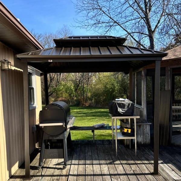 SOLUMIA 10'x12' Hardtop Gazebo, Brown Galvanized Steel Double Roof, Aluminum Frame Outdoor Pavilion With Netting And Curtains For Patio, Backyard, Deck