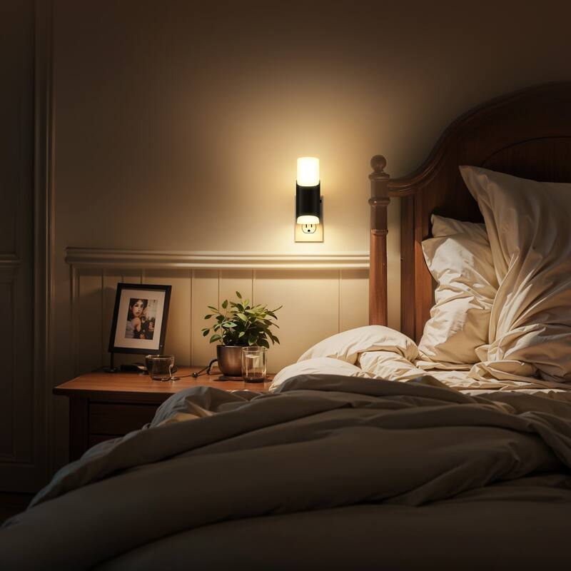 YANSUN Set of 2 Plug-in Dusk-to-Dawn Night Lights, Black Wall Lamp with Frosted Shades, 3000K Warm Light, Sliding Dimmer