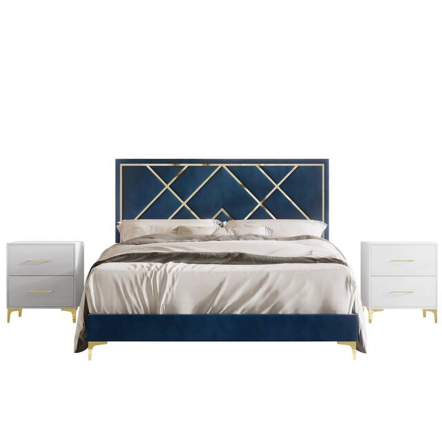 CraftPorch 3 Piece Bedroom Nightstands Set Velvet Upholstered Bed - Navy Blue - Full