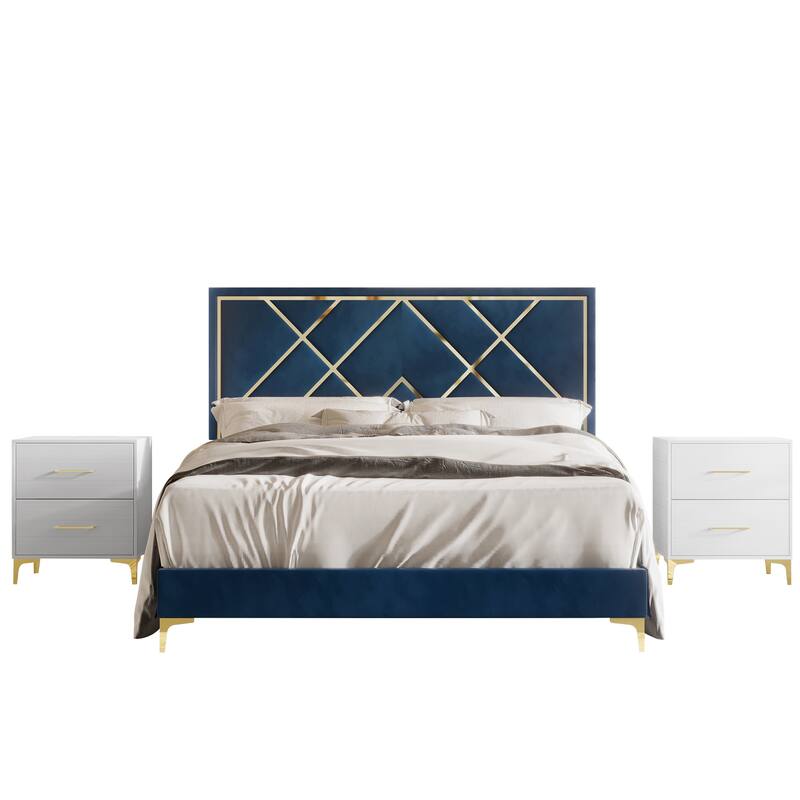 CraftPorch 3 Piece Bedroom Nightstands Set Velvet Upholstered Bed - Navy Blue - Full