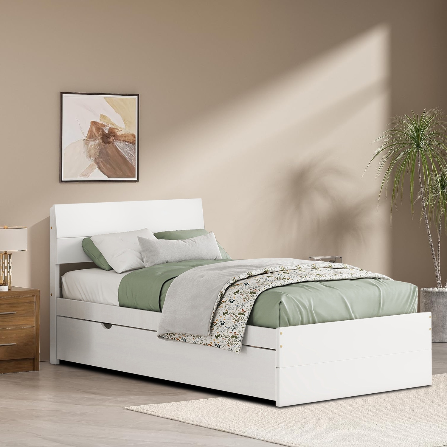 Modern Farmhouse Style Twin Size Wooden Platform Bed with a Twin Size Trundle Bed
