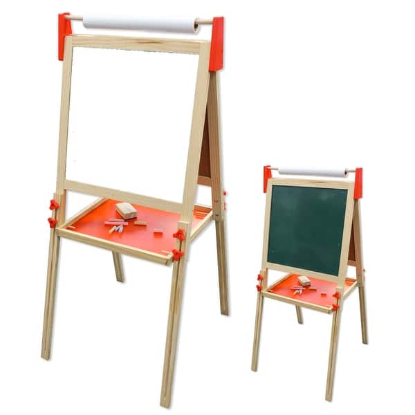 slide 2 of 5, Kids Wood Double-sided Chalkboard and Dry-Erase Board Floor Easel Tan